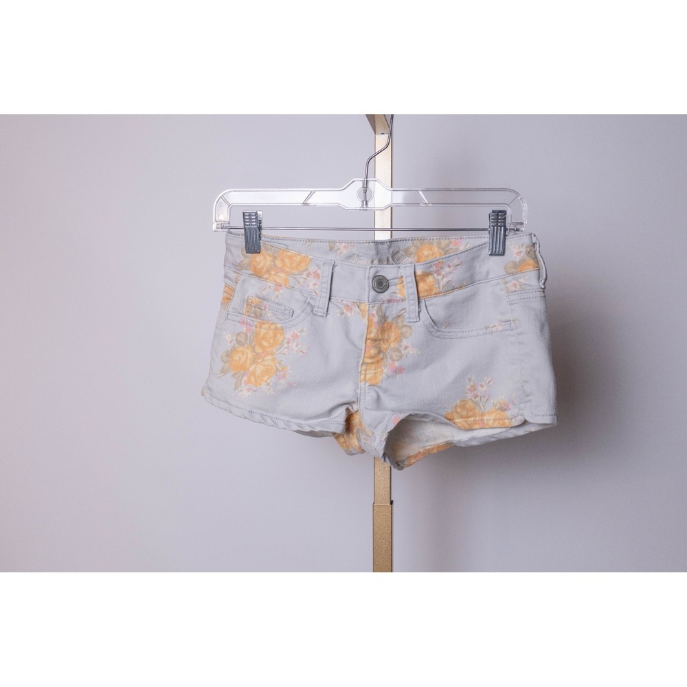 American Eagle Denim Shorts Floral Grey Orange Rose Stretch Size 2 Scalloped Hem